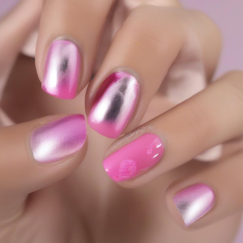 A hand with cotton balls soaked in acetone and wrapped in foil on each fingernail, demonstrating the process of removing gel polish.