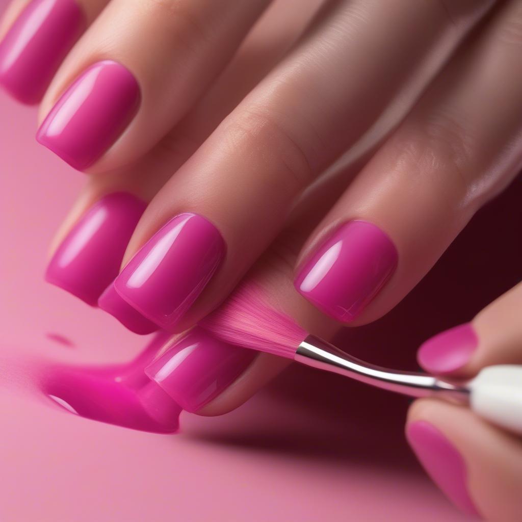 Applying a thin, even coat of gel polish over existing gel nails.