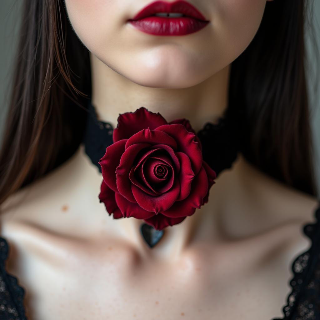 Black velvet rose choker on a pale neck, gothic style.