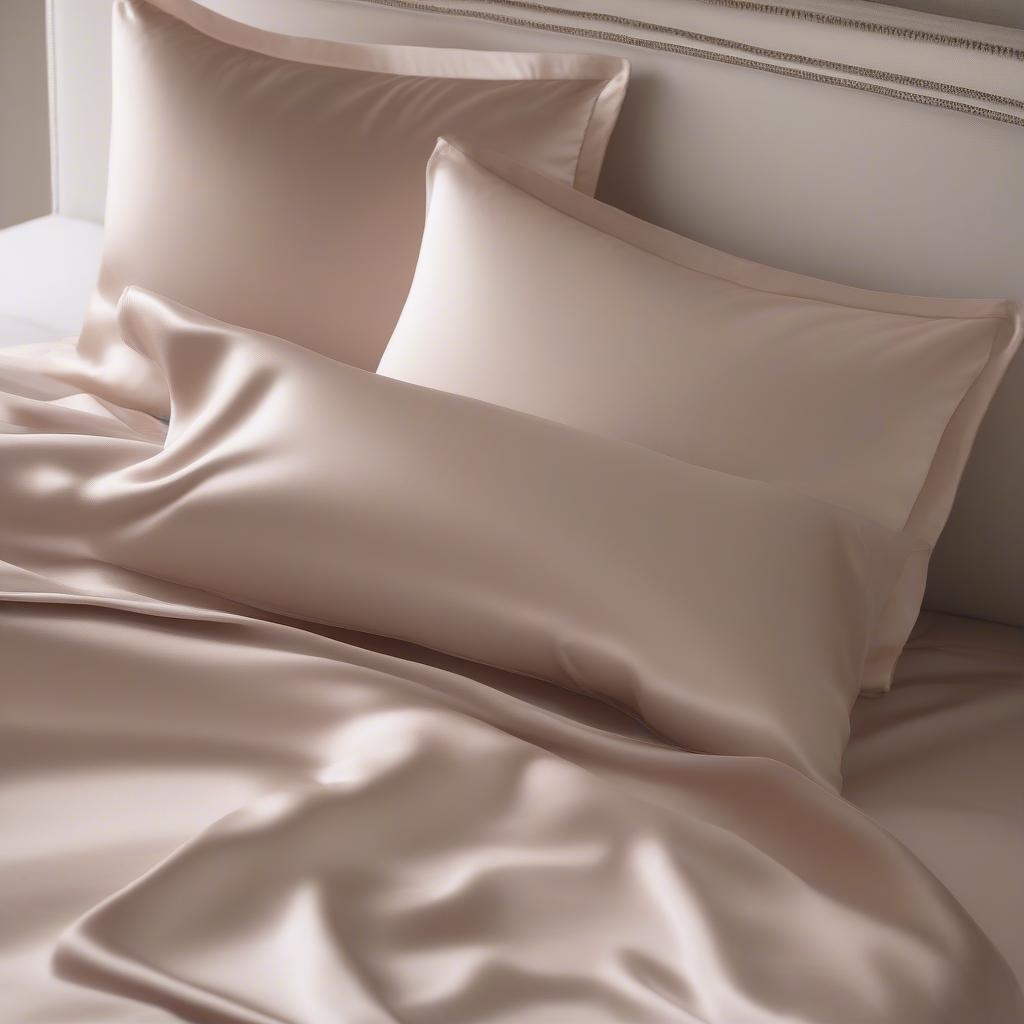 A satin pillowcase and a satin bonnet laid out on a bed.