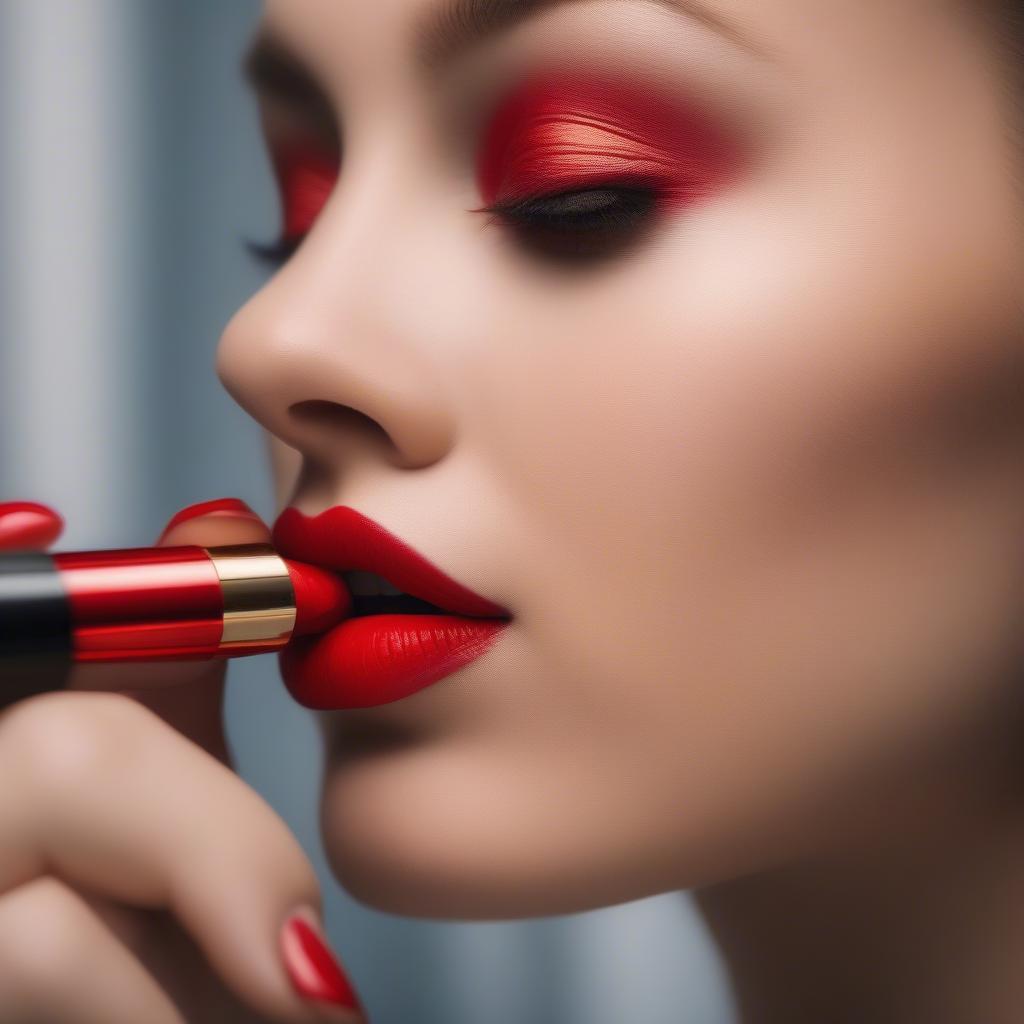 Close-up of a woman applying scarlet red lipstick