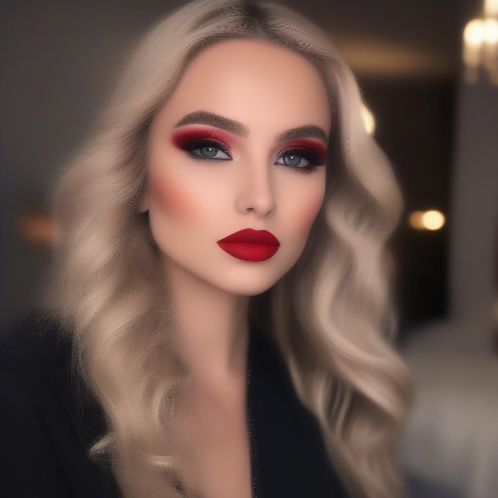 Woman with scarlet red lipstick and glamorous evening makeup