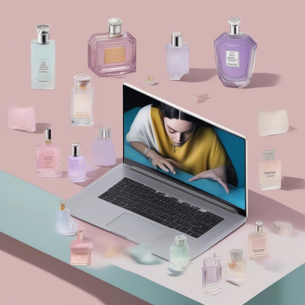 Person searching for Billie Eilish perfume samples on a laptop, surrounded by perfume bottles.