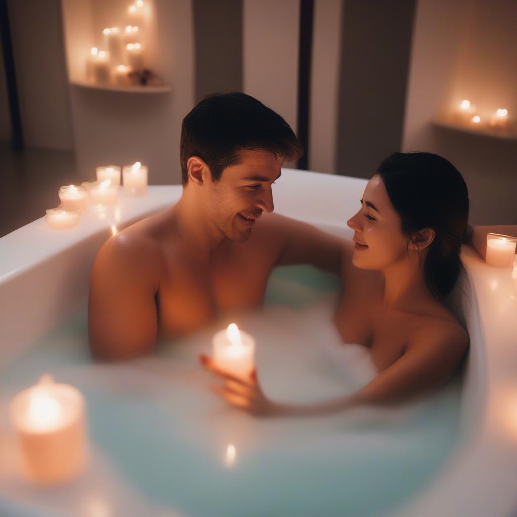 Couple enjoying a romantic bath with candles and a sex bath bomb