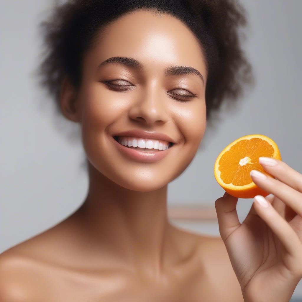 A woman applying She Aromatherapy Vitamin C serum to her face.