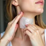 Woman applying silicone patches to her neck