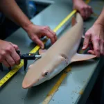 Silky shark being measured for length and girth