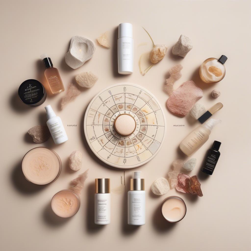 Skincare Products Arranged Around a Zodiac Wheel