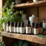 Different types of soothing touch oil bottles on a wooden shelf