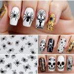 Close-up of several spooky Halloween nail sticker designs, including spiders, webs, and skulls.