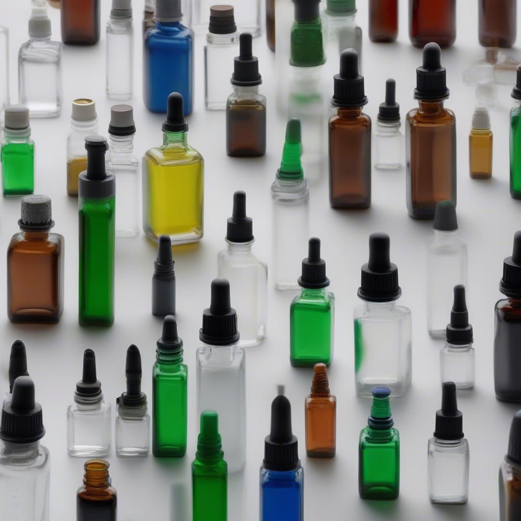 Several square glass dropper bottles with various closure types, including screw caps, tamper-evident seals, and child-resistant closures.