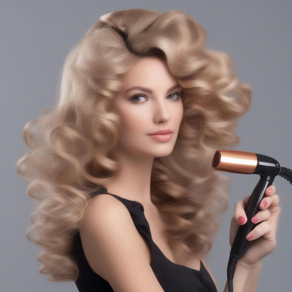 A woman styling her butterfly wig with a curling iron