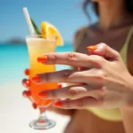 Vibrant gel polish on nails at the beach during a summer vacation