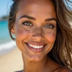 A woman with a sun-kissed makeup look, featuring bronzer, highlighter, and warm-toned eyeshadow.