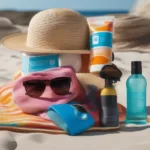 Sun UV 2 in 1 products displayed on a beach towel with sunglasses and a hat.