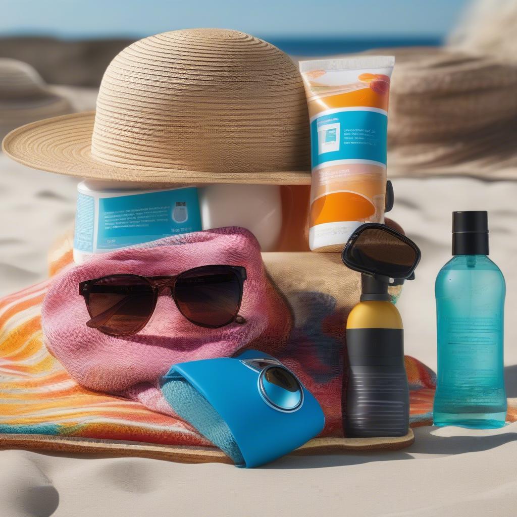 Sun UV 2 in 1 products displayed on a beach towel with sunglasses and a hat.