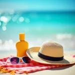 Suntan lotion on a beach towel with sunglasses and a hat, evoking the feeling of summer.