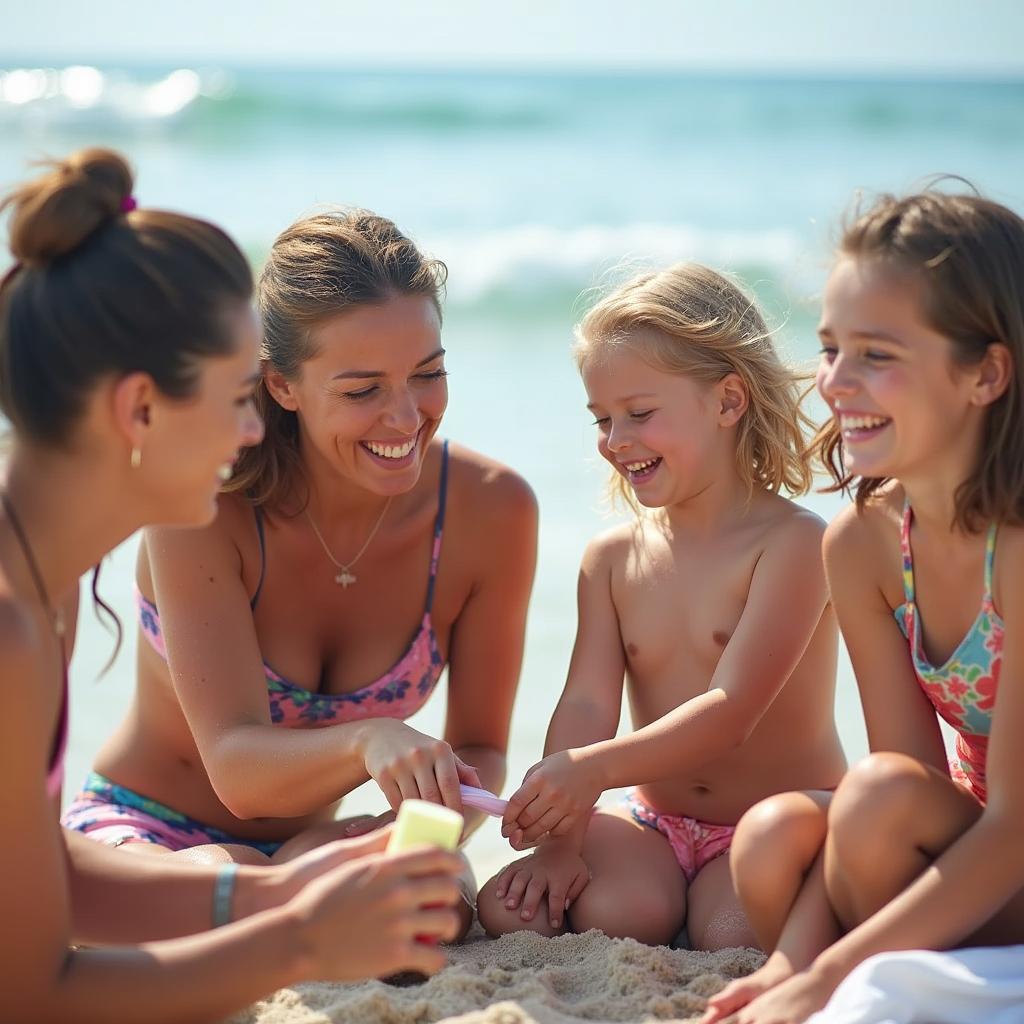 Family Using Suntan Lotion Wipes at the Beach