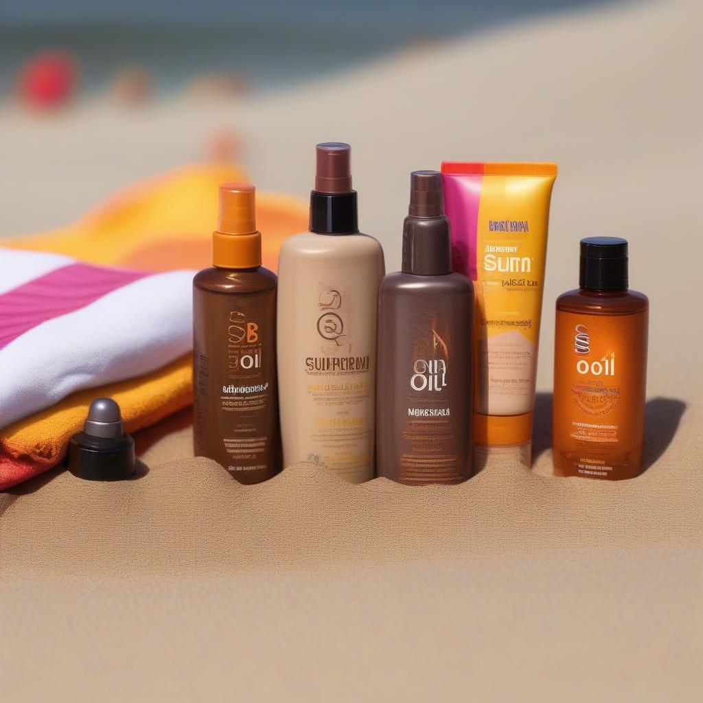 Bottles of suntan oil with bronzer on a beach towel