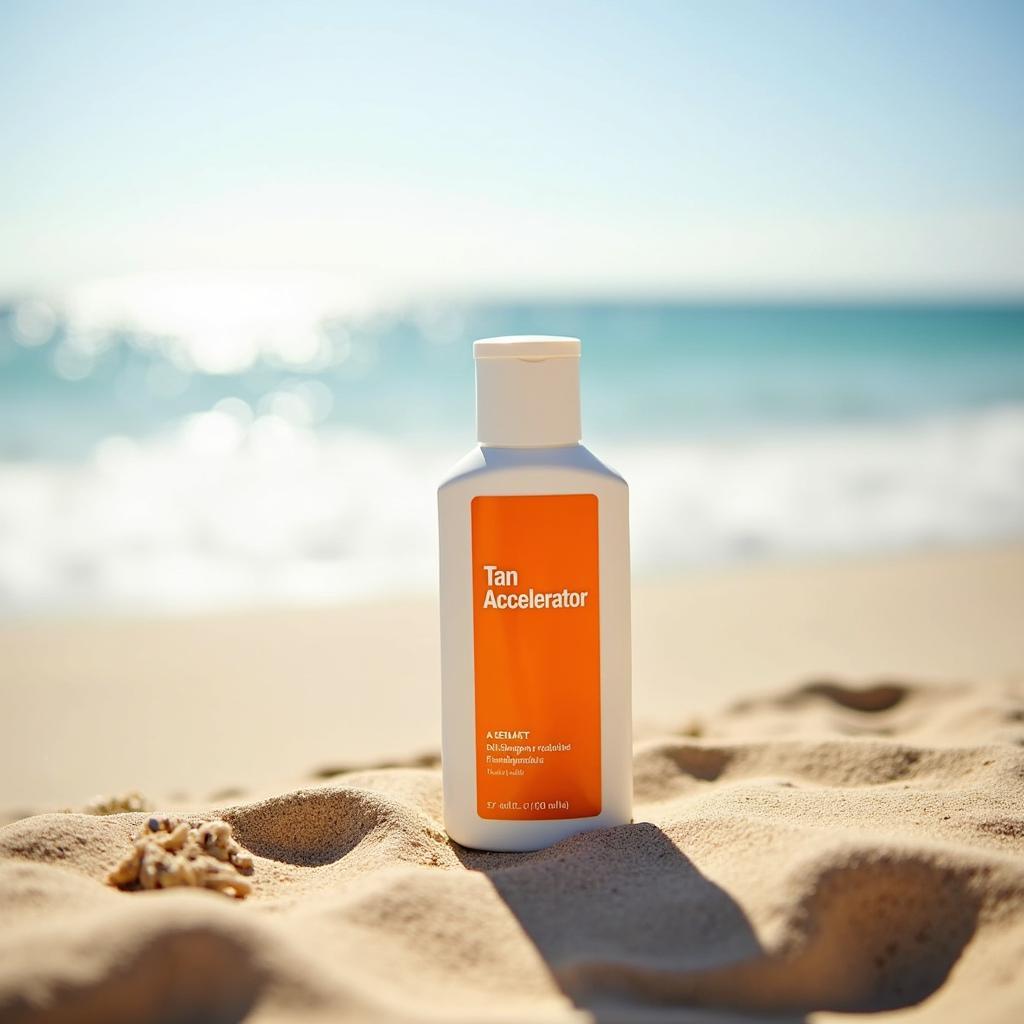 Tan accelerator lotion bottle on beach