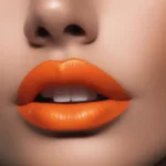 Close-up of a model with perfect tangerine lips, showcasing the vibrant color and smooth application.