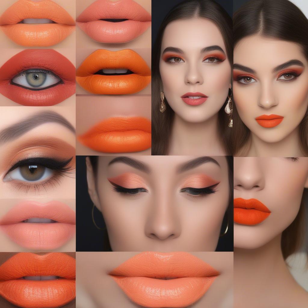 Several different makeup looks featuring tangerine lips, showcasing different eye makeup and blush combinations.