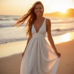 Bride in a flowy tank top wedding dress on a beach