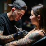 Tattoo artist working on a client