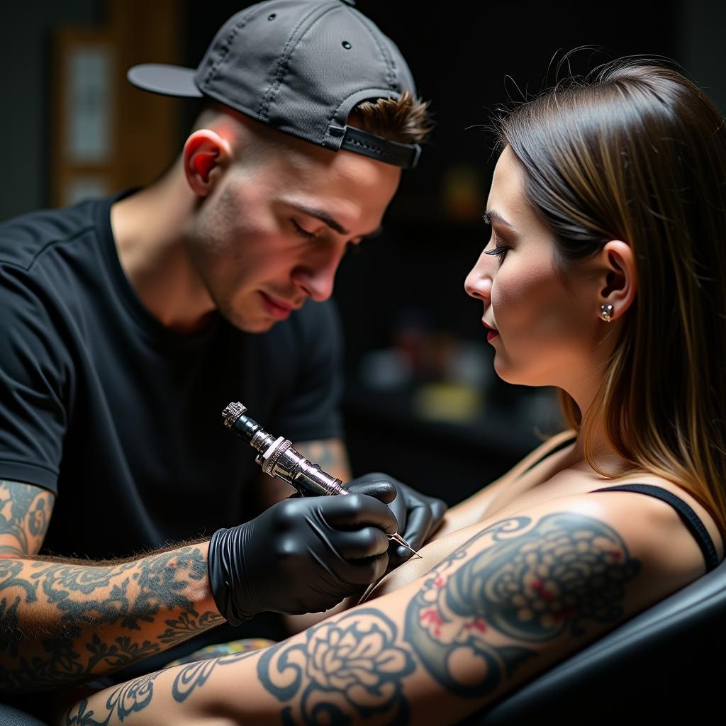 Tattoo artist working on a client