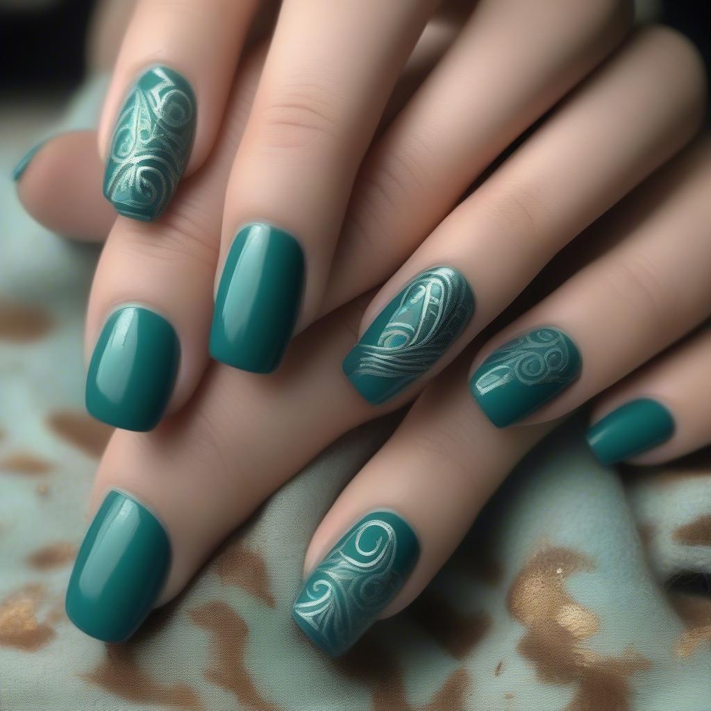 Teal Green Nail Polish with Nail Art