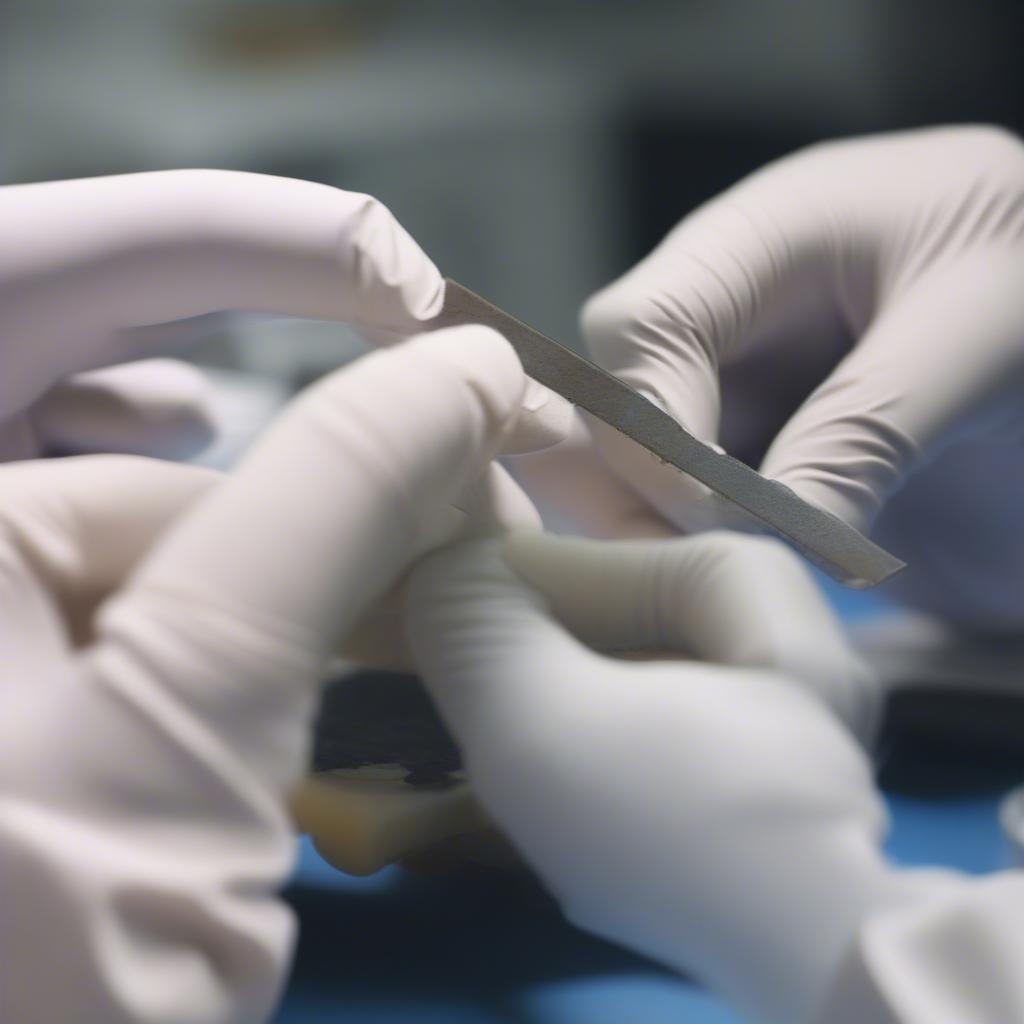 Close-up of a tooth gem artist's hand applying adhesive to a tooth before placing the gem in a Portland studio.