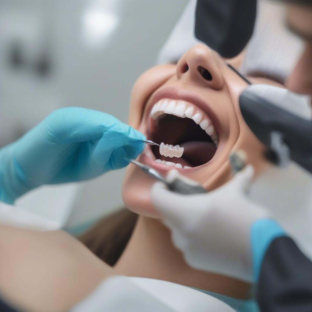 A skilled tooth gem artist applying a gem to a client's tooth in a Portland studio.