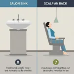 Comparison of a traditional salon sink and a Japanese scalp massage sink, highlighting the ergonomic differences.