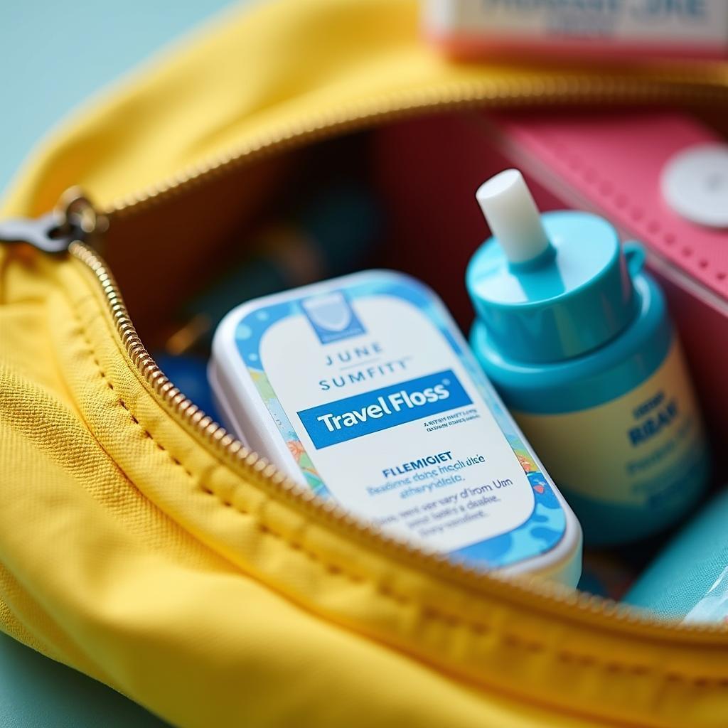 Travel floss packed neatly in a toiletry bag