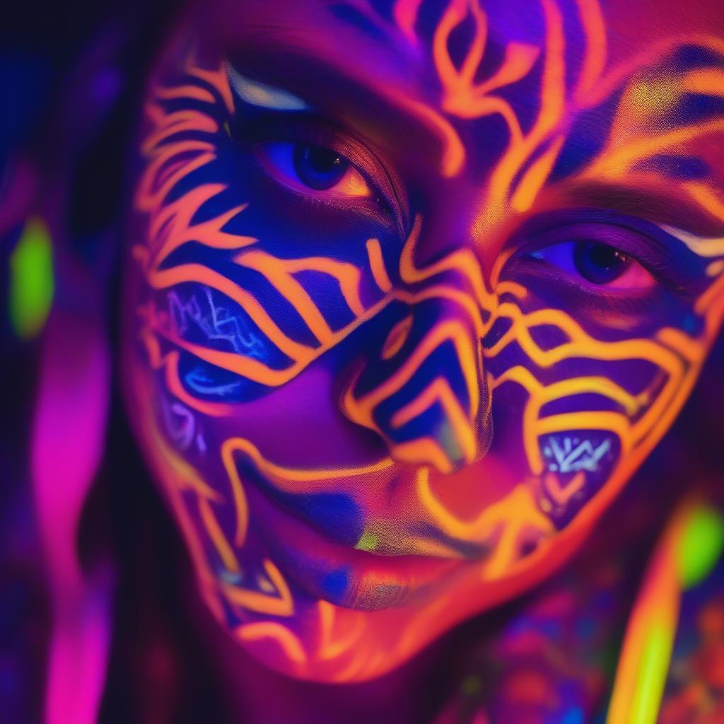 UV face paint glowing under blacklight