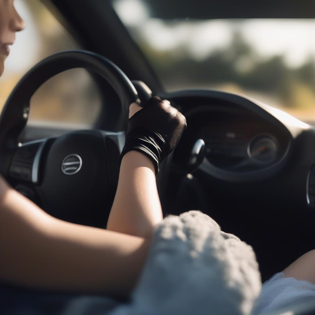 Woman driving wearing uv fingerless gloves