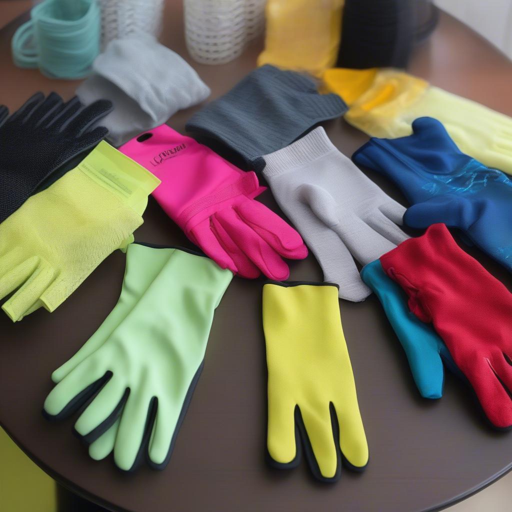 Different types of uv fingerless gloves displayed on a table