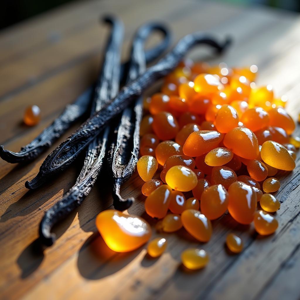 Vanilla beans and amber resin on a table