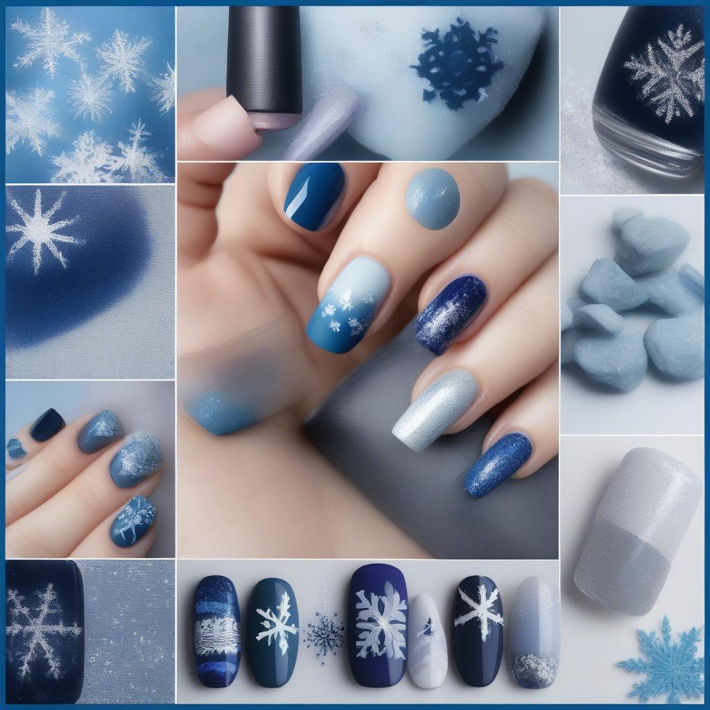 A collage showcasing various blue December nail designs, including snowflakes, glitter gradients, starry nights, and winter wonderland themes, offering inspiration for festive nail art.