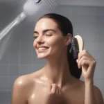 Woman brushing wet hair in shower