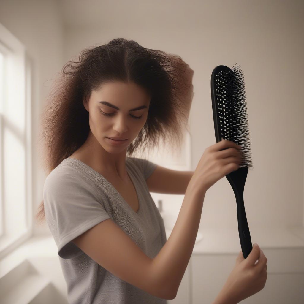 Woman detangling wet hair with a wet paddle brush