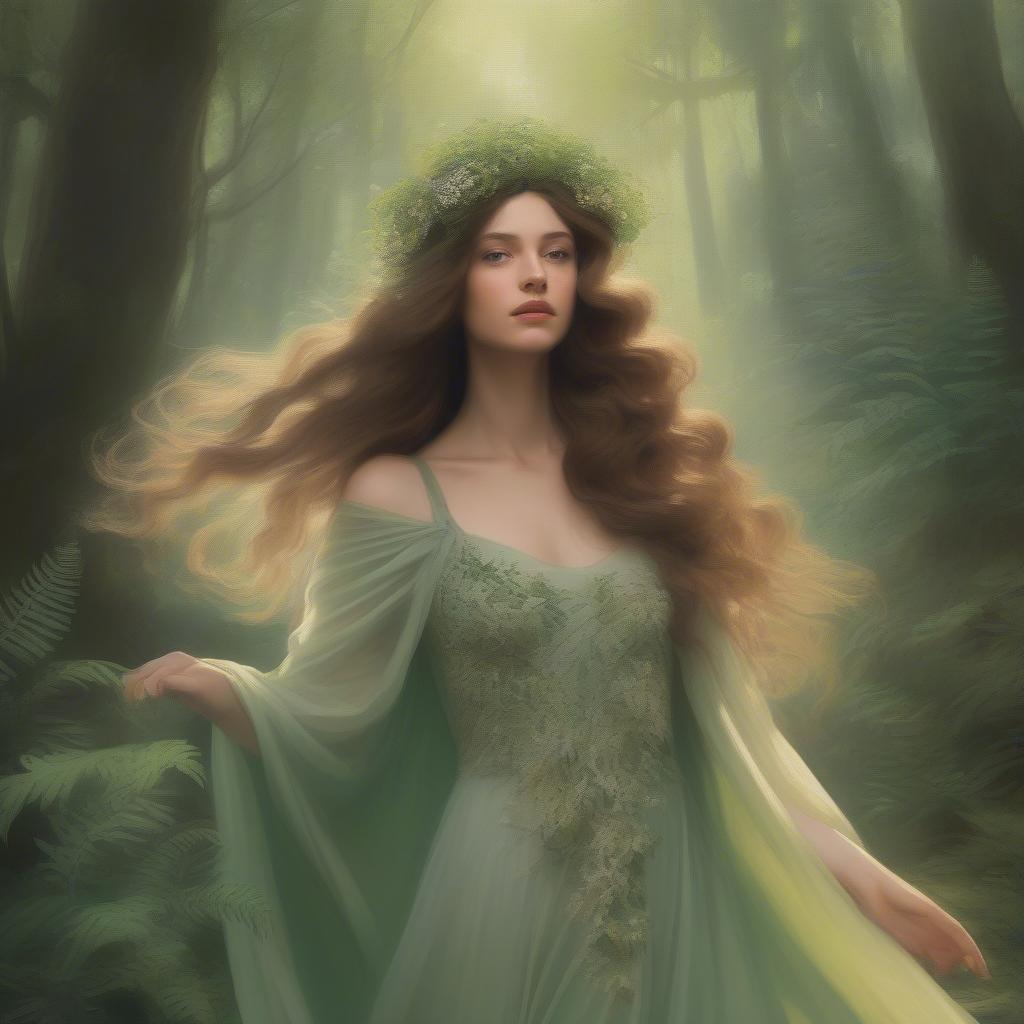 Whimsical Fairy Into the Woods Outfit: A young woman in a flowing gown with floral accents, posing in a forest setting.