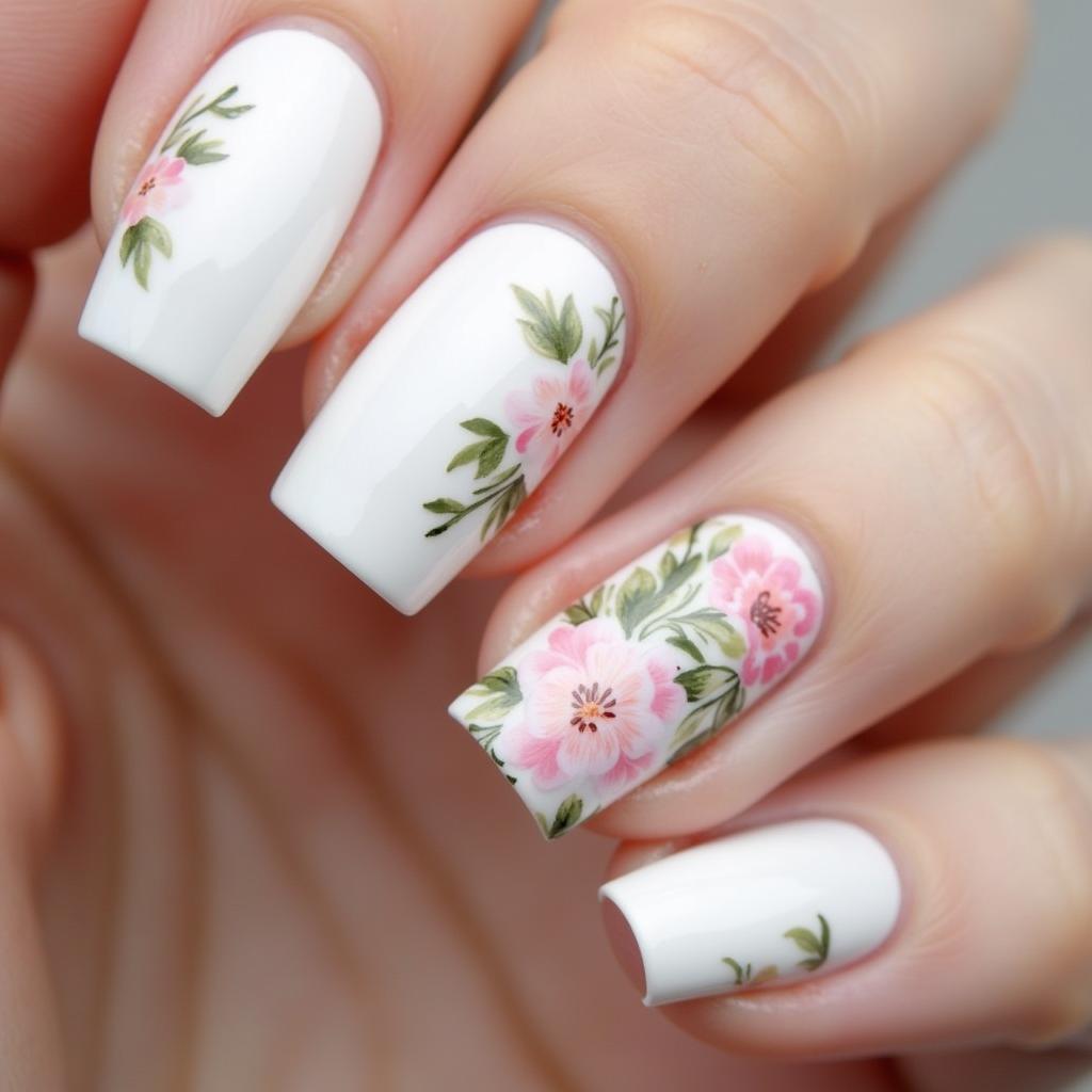 White dipped nails with intricate floral designs.