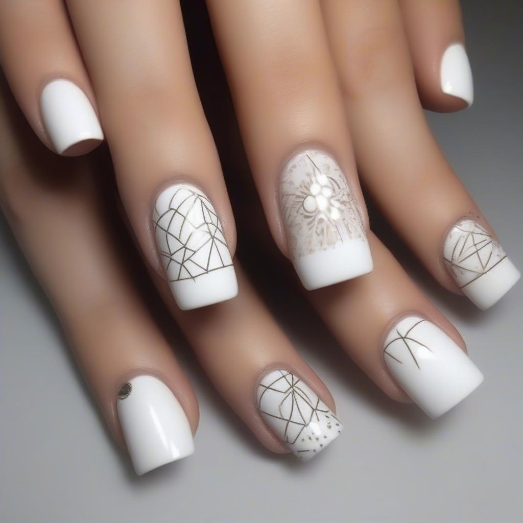 Different white nail art designs, including minimalist, floral, and geometric patterns