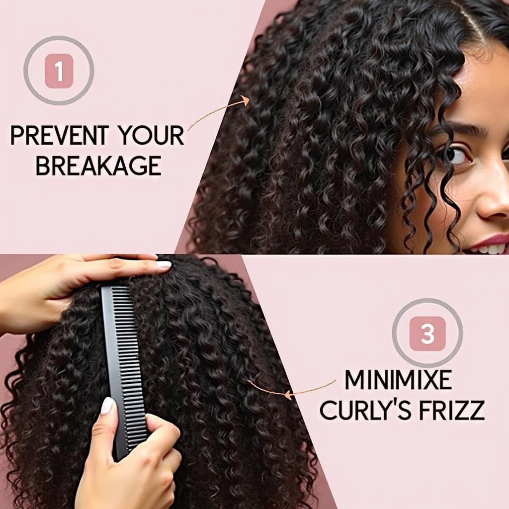 Wide tooth comb gently detangling curly hair