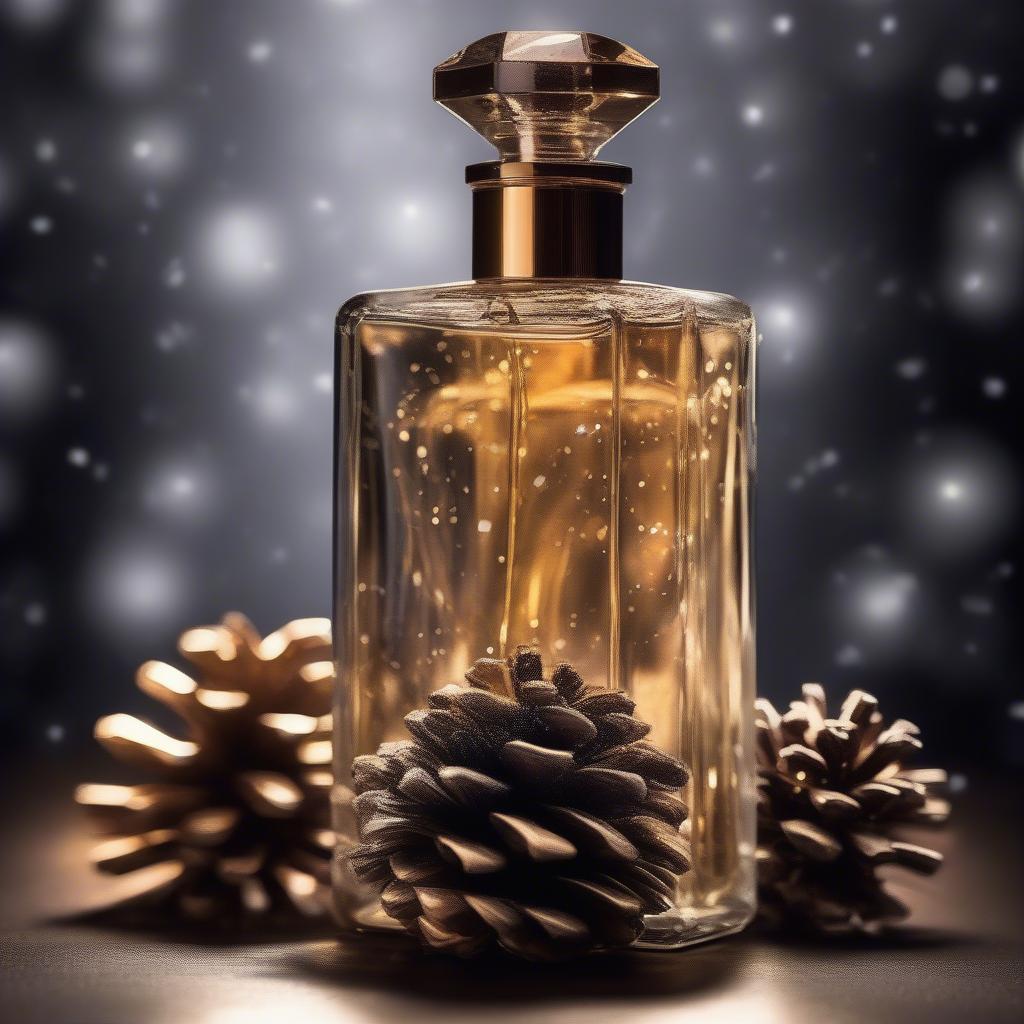 A collection of winter perfume bottles on a dark, cozy background with warm lighting.