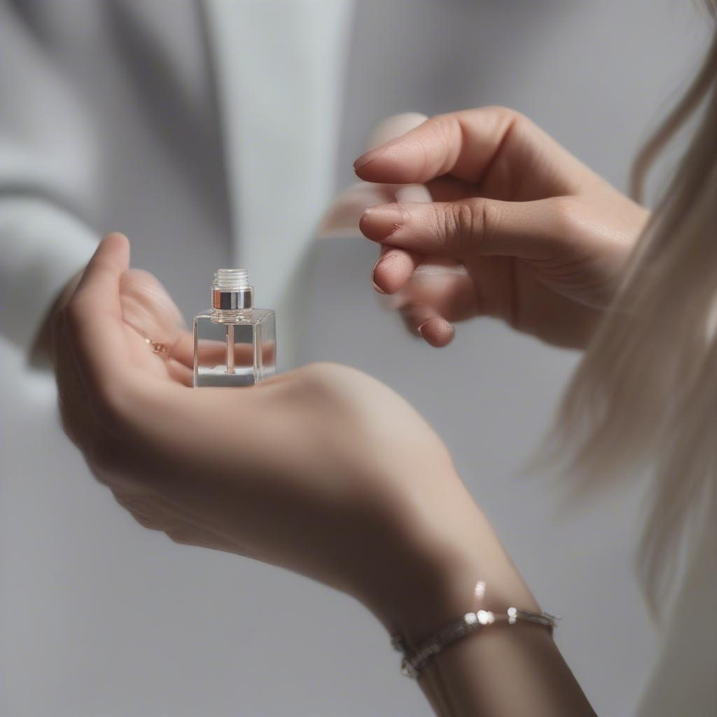 A woman applying a Billie Eilish perfume sample to her wrist.