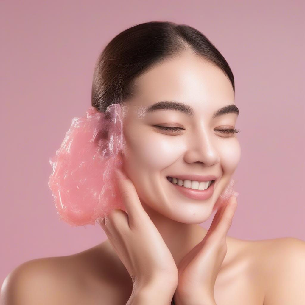 Woman applying a pink jelly face mask