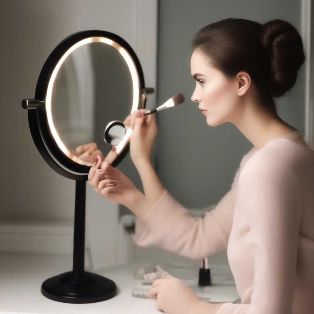 Woman Applying Makeup Using a Round Mirror