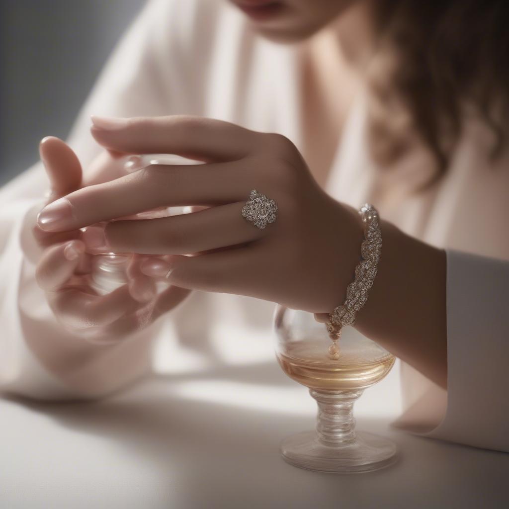 Woman applying perfume elixir to her wrist